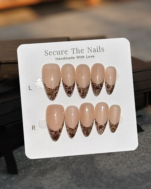 Unique Sexy Black Lace French Tip Almond Press-On Nails for Valentine's and Everyday Glam, Reusable & Long-Lasting False Nail Flakes | Secure The Nails