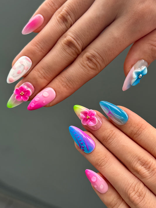 Bright Colorful Tropical 3D Floral Gel Summer Press-On Nails for Holiday Vacation | Secure The Nails Handmade False Nails