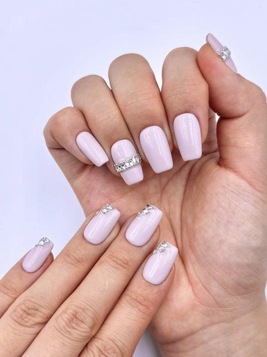 Soft Baby Pink Nude Medium Square Coffin Designer Press-On Nails with Crystal Jewelry
