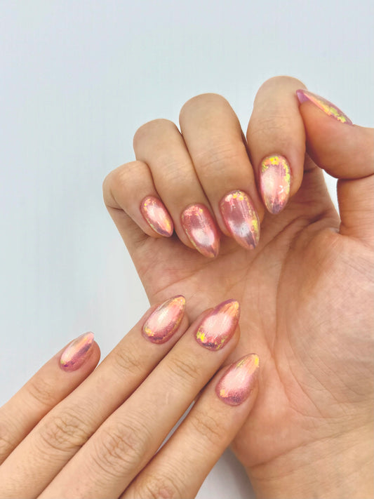 Iridescent Glowy Pink Cat-Eye Short Almond Press-On Nails with Holographic Foils, 2026 Glass Effect Nail Trend, Reusable & Long-Lasting | Secure The Nails