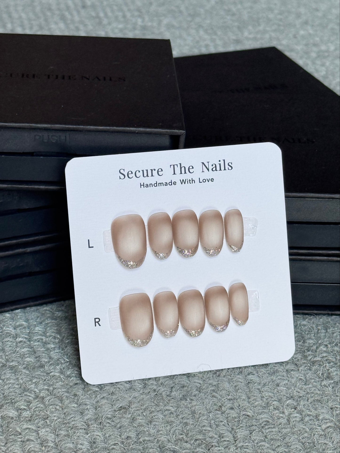 Short Matte Cat-Eye Press-On Nails with Thin Glittery French Tips Oval Shape | Reusable High Quality False Nails by Secure The Nails