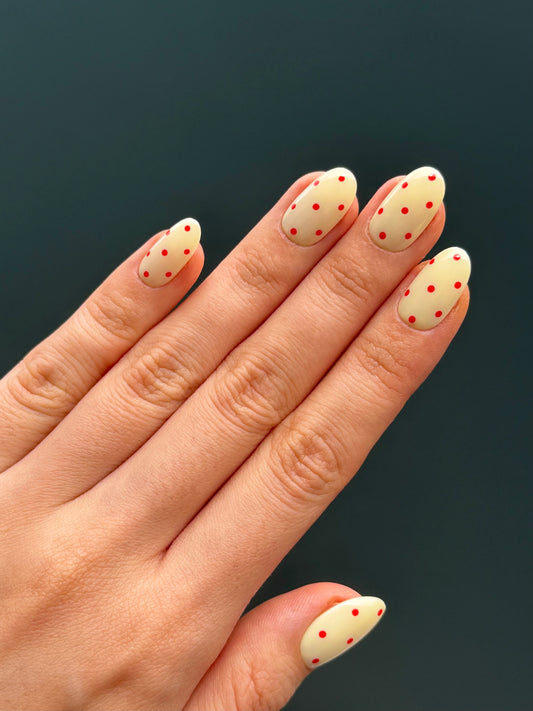 Cute Girly Butter Yellow Red Polka Dot Short Oval Handmade Press-On Nails for Holiday and Everyday Wear | Secure The Nails