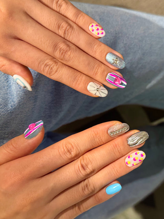 White Pink Handmade Y2K Cute Girly Short Oval Fun Press-On Nails Cat-Eye Polka Dot Colorful Stripes for Holiday, Unique Nail Art Design| Secure The Nails