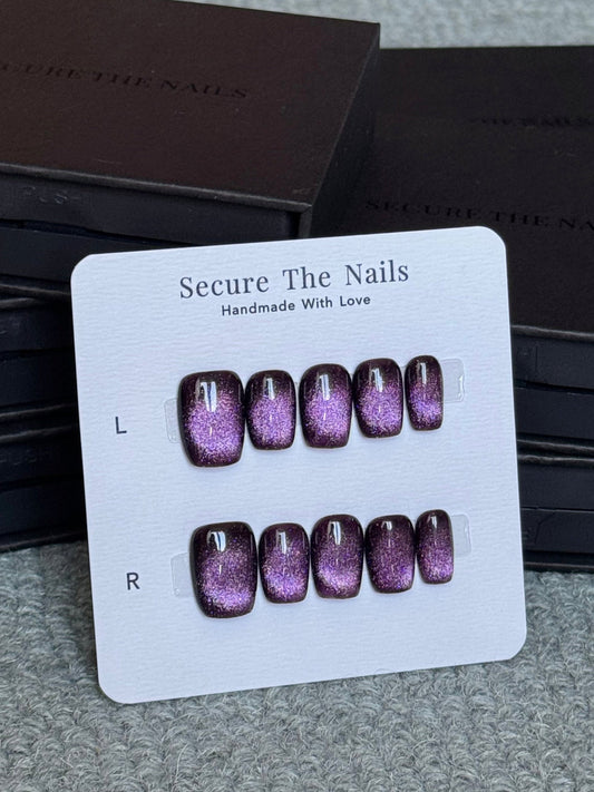 Elegant Short Square Amethyst Deep Purple Glittery Cat-Eye Press-On Nails for Fall and Everyday | Secure The Nails High Quality Reusable False Nails