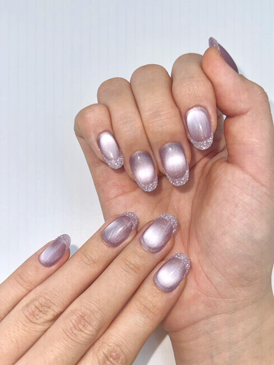Subtle Glam Lilac Purple Cat-Eye Press-On Nails with Glitter French Tips Round Oval Shape, Reusable Long-Lasting False Nail Tips | Secure The Nails