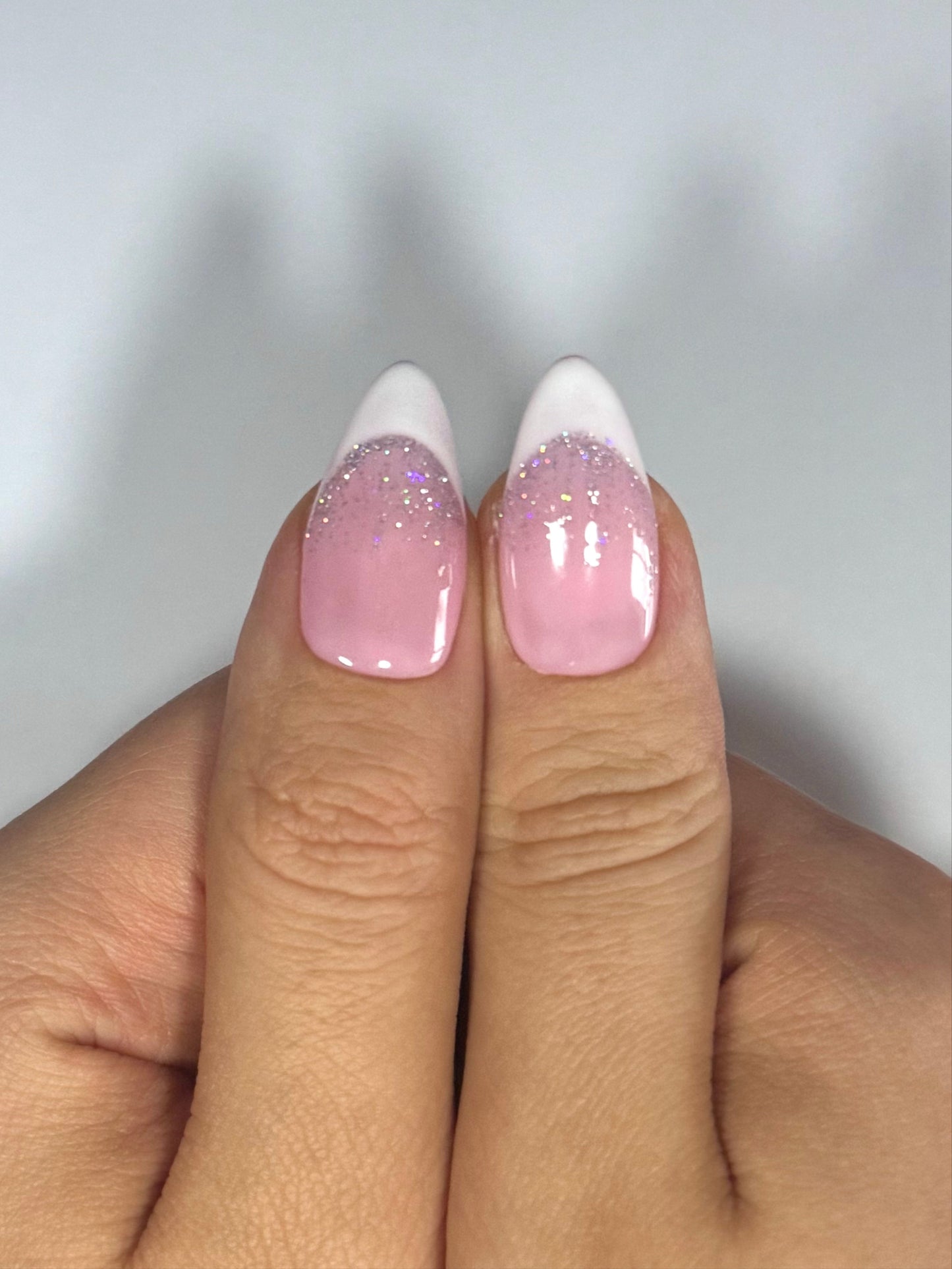 Date Night Birthday Unique Pink Almond French Tip Glitter Press On Nails, Reusable Long-lasting High Quality Easy to Apply