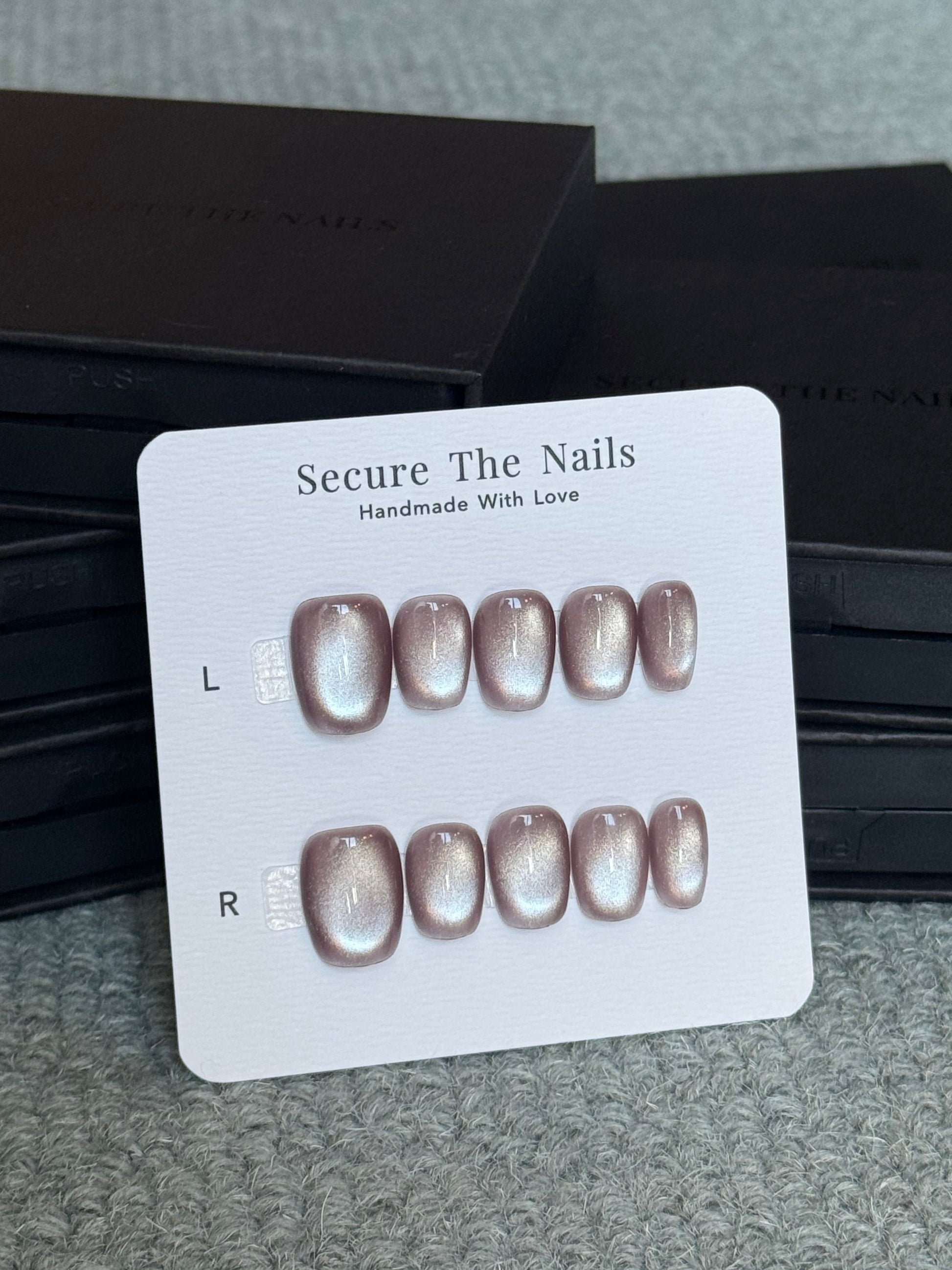 Muted Beige Pink Glossy Cat-Eye Press-On Nails Short Squoval Shape for Fall & Everyday | Reusable High Quality False Nails by Secure The Nails