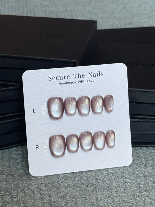 Muted Beige Pink Glossy Cat-Eye Press-On Nails Short Squoval Shape for Fall & Everyday | Reusable High Quality False Nails by Secure The Nails