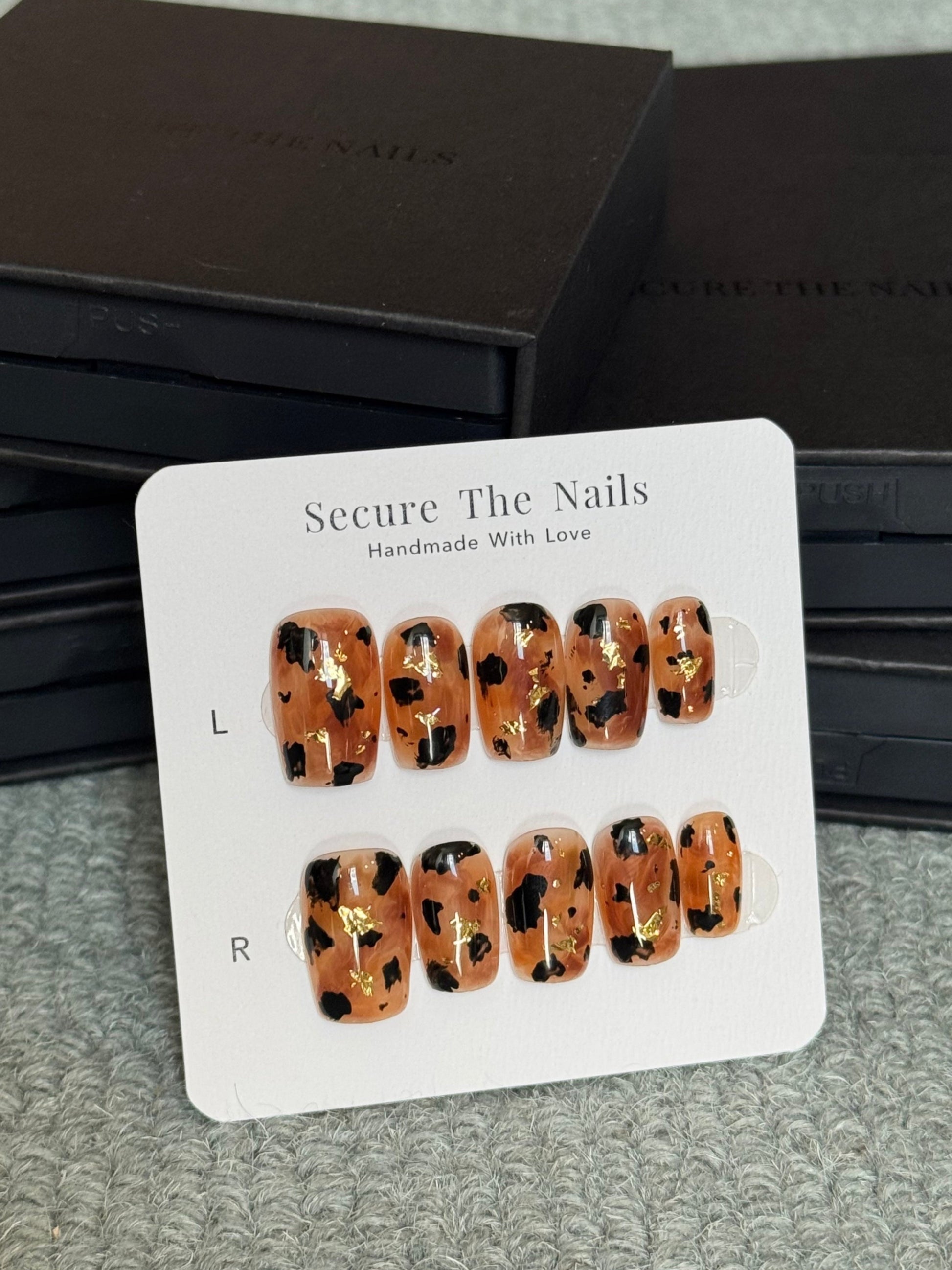 Square Amber Tortoise Shell Press-On Nails with Gold Leaf Foils for Fall and Winter | Reusable High Quality False Nails by Secure The Nails