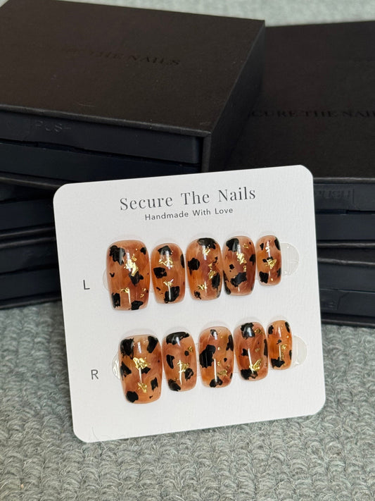 Square Amber Tortoise Shell Press-On Nails with Gold Leaf Foils for Fall and Winter | Reusable High Quality False Nails by Secure The Nails