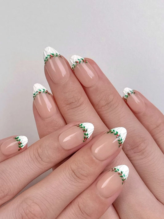 Holly Jolly Sweater Texture French Tips with Wreath Art Design, Festive Almond Press-On Nails for Holiday and Christmas | Secure The Nails