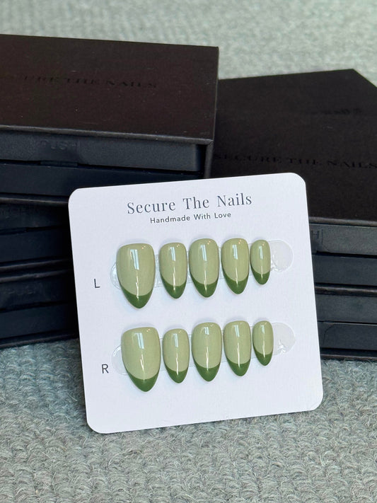 Matcha Latte Sage Olive Green Short Almond French Tip Press-On Nails for Fall and Winter | Reusable High Quality False Nails by Secure The Nails