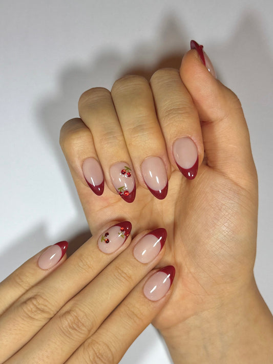 Short Almond Red French Tip Press-On nails with 3D Cherry Design for Fall and Winter | Reusable Press-Ons by Secure The Nails
