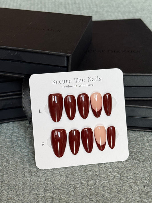 Deep Wine Cherry Red Almond French Tip Press-On Nails for Fall and Everyday | Reusable High Quality Press-Ons by Secure The Nails