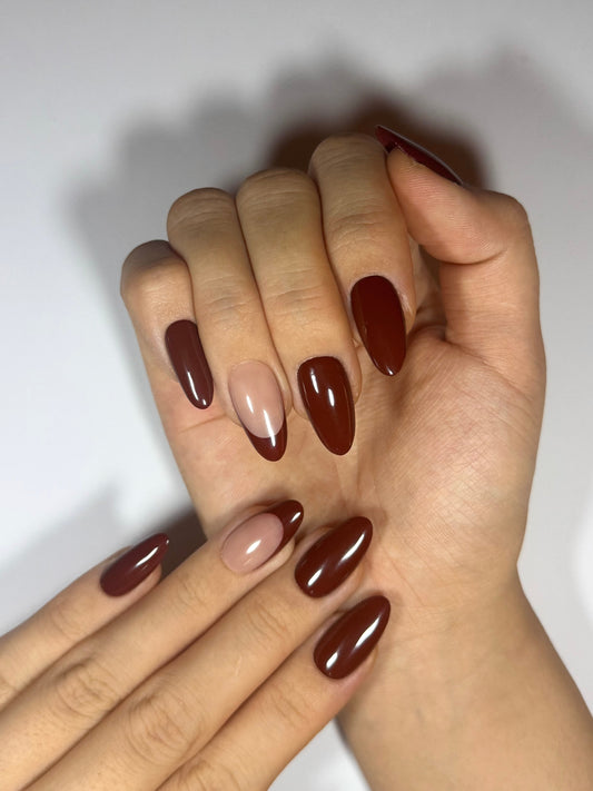 Deep Burgundy Red Almond French Tip Press-On Nails for Fall and Winter | Reusable High Quality Press-Ons by Secure The Nails