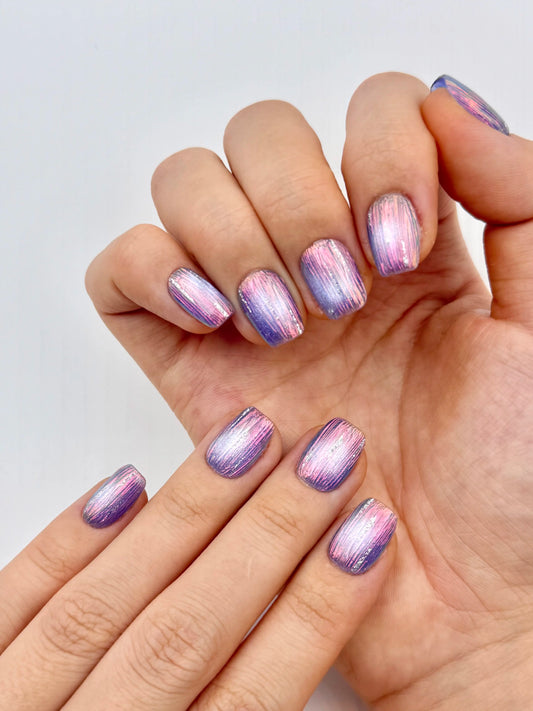 Iridescent Galaxy Purple Blue Cat-Eye Short Square Press-On Nails, Multicolor Chrome Silver Glitters, Gel Glass Technique Prism Effect, Reusable & Long-Lasting | Secure The Nails