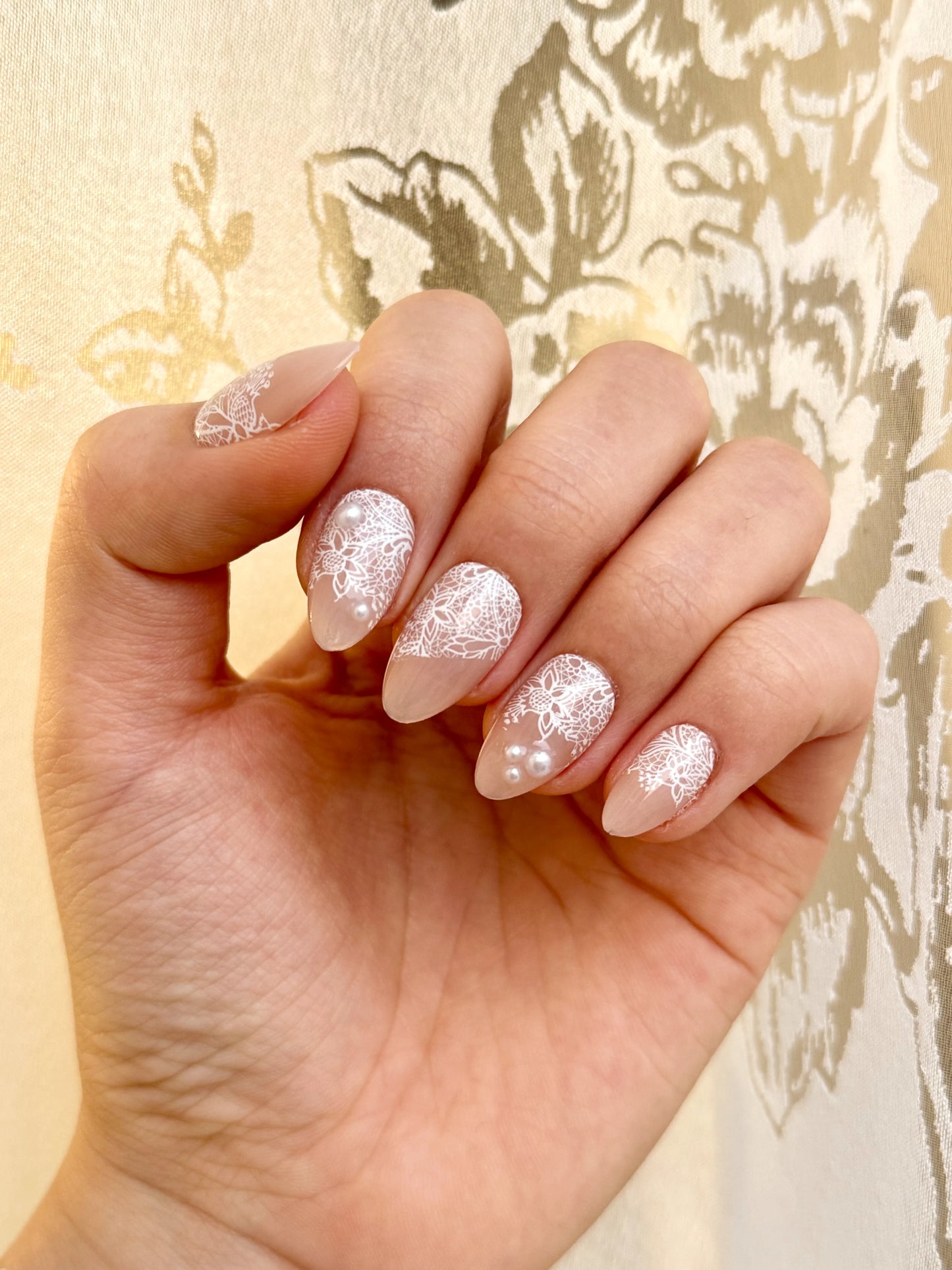Elegant Wedding Soft White Lace Nude Almond Unique Press-On Nails with Pearls for Valentine's and Everyday Glam, Reusable & Long-Lasting False Nail | Secure The Nails