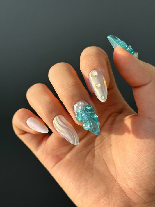 3D Gel Wave Design Ocean Theme Summer Press-On Nails with Pearls and Pearlescent Chrome Powder, Reusable High-Quality Press-Ons by Secure The Nails