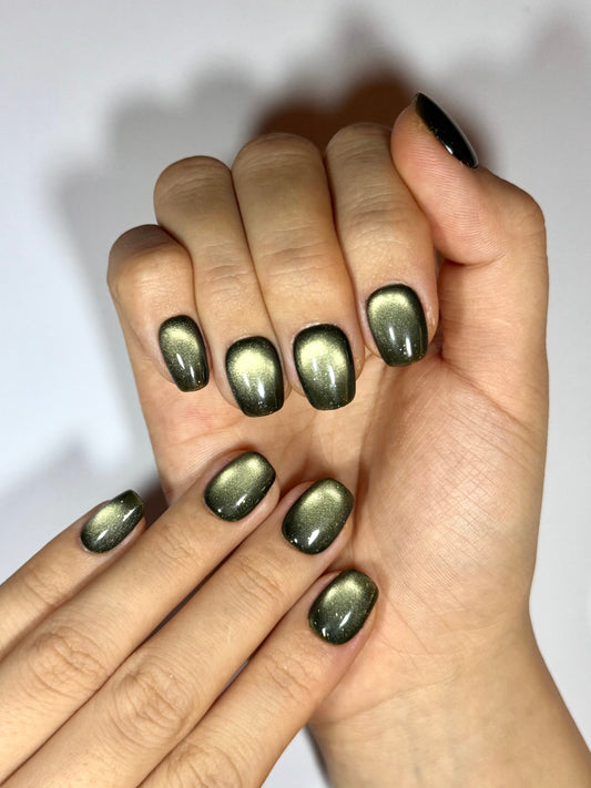Short Square Glossy Glittery Dark Mossy Olive Green Cat-Eye Press-On Nails for Fall & Winter | High Quality Reusable False Nails by Secure The Nails