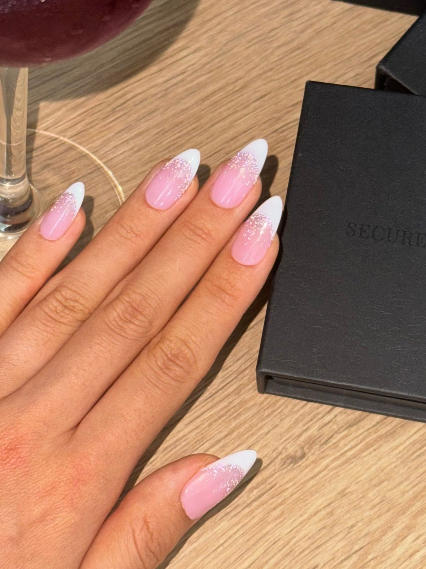 Pink French Tip Almond Glitter Press On Nails, Birthday Date Night Girls Night Nails, Glam Nails, Soft Girl, Secure The Nails