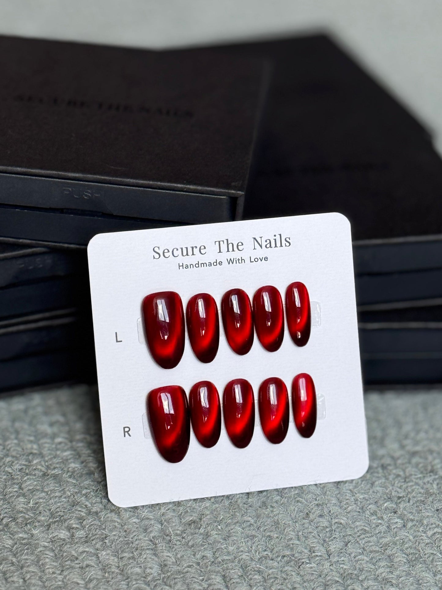 Red Ruby Glass Cat-Eye Press-On Nails for Fall, Glossy Finish Reusable High Quality False Nails by Secure The Nails