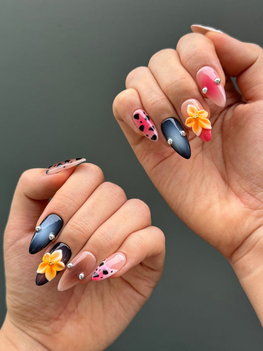 Edgy Cool Girl Tropical Design 3D Floral Press-On Nails with Piercing Studs and Leopard Print, Ombre French Tips for Holiday Vacation | Secure The Nails