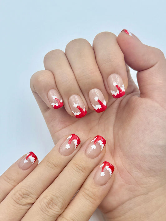 Short Square Squoval Christmas Holiday Press-On Nails Santa Hat Nail Art for Winter | Secure The Nails