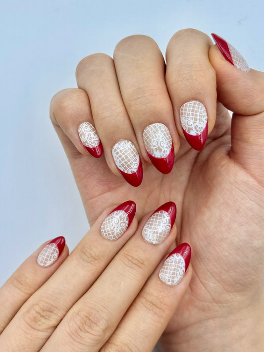 Sexy Red French Tip Short Almond Press-On Nails with White Lace for Valentine's and Everyday Glam, 2026 Unique Nail Art, Reusable Durable & Long-Lasting False Nails | Secure the Nails
