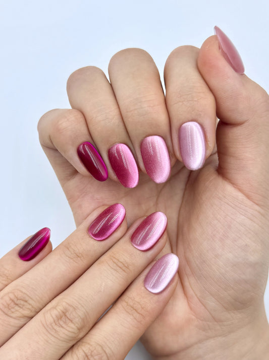Glowy Gradient Cat-Eye Oval Round Press-On Nails in Hot Pastel Muted Pink