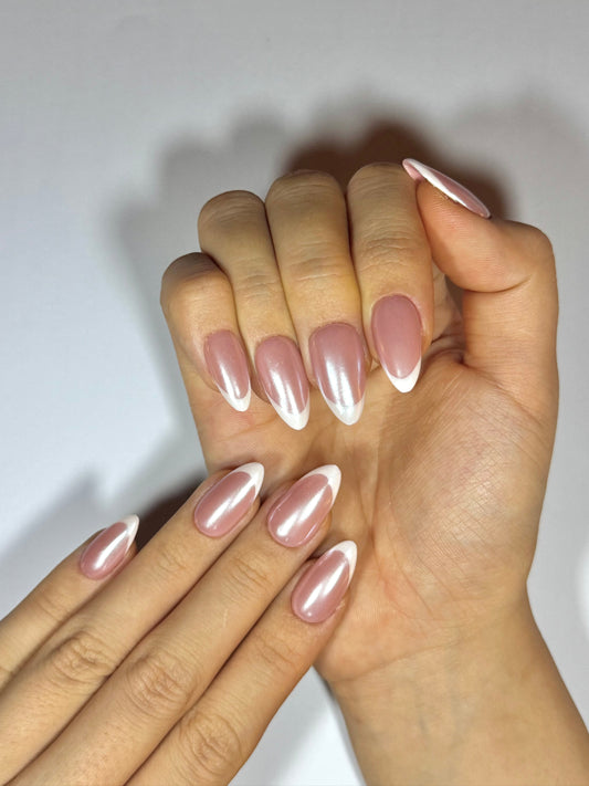 Almond Pink Nude French Tip with Pearlescent Chrome Finish Press-On Nails for Everyday | Reusable High Quality Press-Ons by Secure The Nails