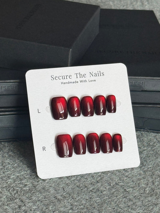 Short Square Dark Red Ruby Cat-Eye Press-On Nails for Fall and Winter, Reusable High Quality Press-Ons | Secure The Nails