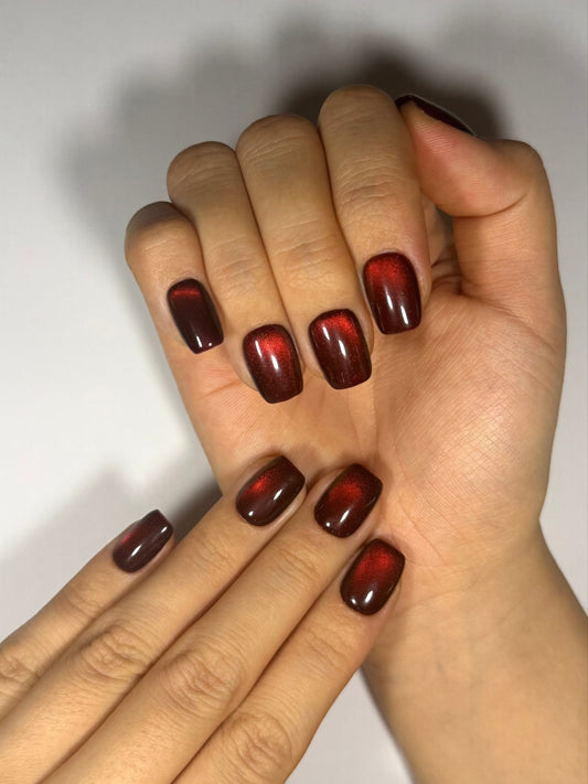 Short Square Dark Red Ruby Glossy Glittery Cat-Eye Press-On Nails for Fall and Winter, Reusable High Quality Press-Ons | Secure The Nails