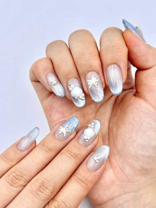 Glowy Silver Blue Cat-Eye 3D Tropical Summer Starfish Pearl Jewelry Almond Oval Press-On Nails, Handmade Long-Lasting Reusable Press-Ons | Secure The Nails