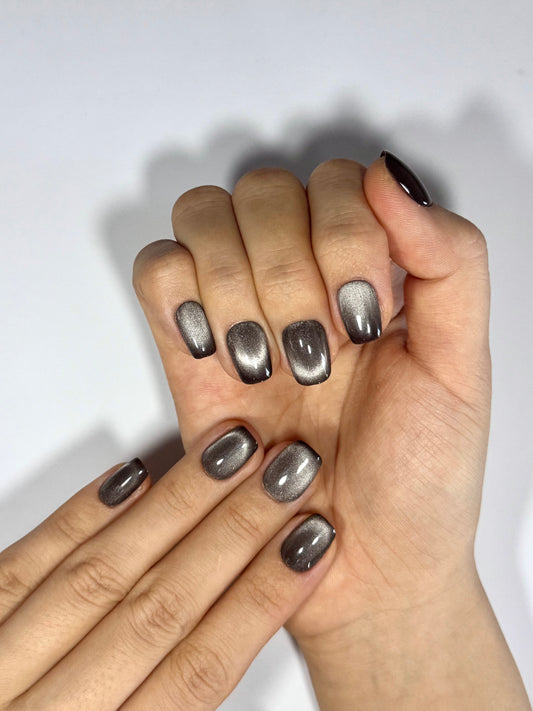 Short Square Cool Charcoal Brown Grey Dark Classy Cat-Eye French Tips Press-On Nails for Fall & Everyday | Secure The Nails Reusable High Quality False Nails