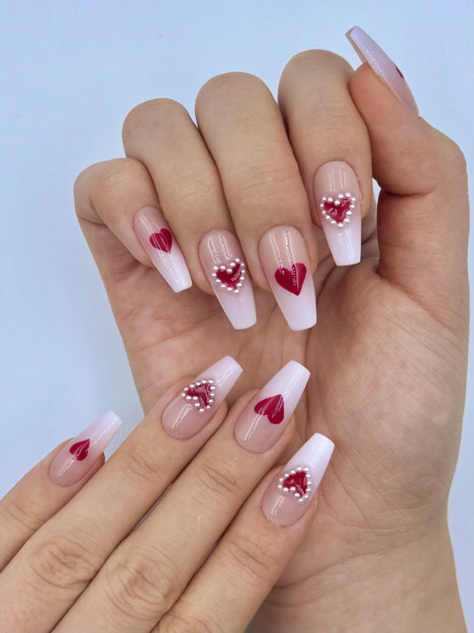 Cute Y2K Coffin Shape Red Heart with Pearl Nude Ombre Valentine's Press-On Nails, Romantic Nail Art Design, Reusable & Long-Lasting | Secure The Nails