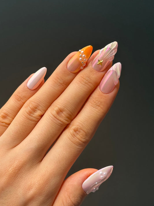 3D Gel Summer Beach Vacation Almond Press-On Nails with Pearls and Starfish, Pink Pearlescent Chrome Finish | Secure The Nails Handmade False Nails