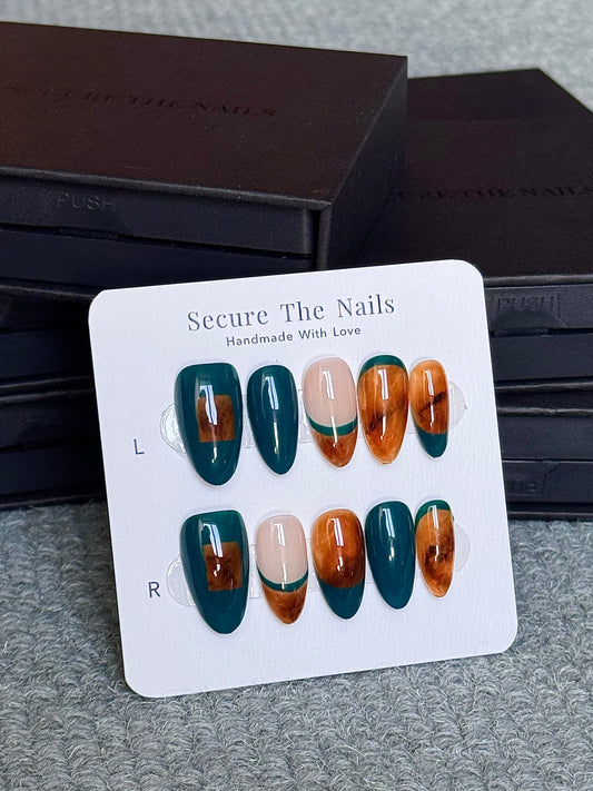 Unique Nail Design Turquoise Amber French Tip Press-On Nails for Fall and Winter | Reusable High Quality False Nails by Secure The Nails