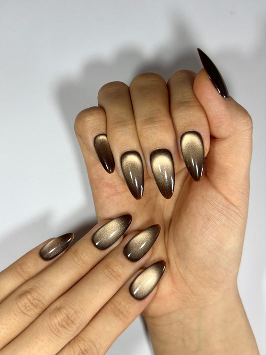 Warm Chocolate Brown Cat-Eye Press-On Nails for Fall & Winter | Reusable False Nails by Secure The Nails