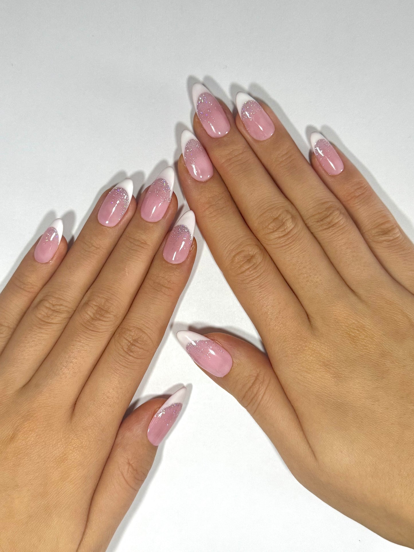 Unique Pink Almond French Tip Glitter Press On Nails, Reusable Long-lasting High Quality Easy to Apply