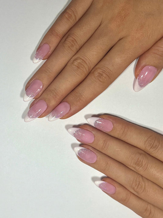Pink Nude Almond French Tip Press-on Nails with Dripping Glitter, Reusable Long-lasting Easy to Apply | Secure The Nails