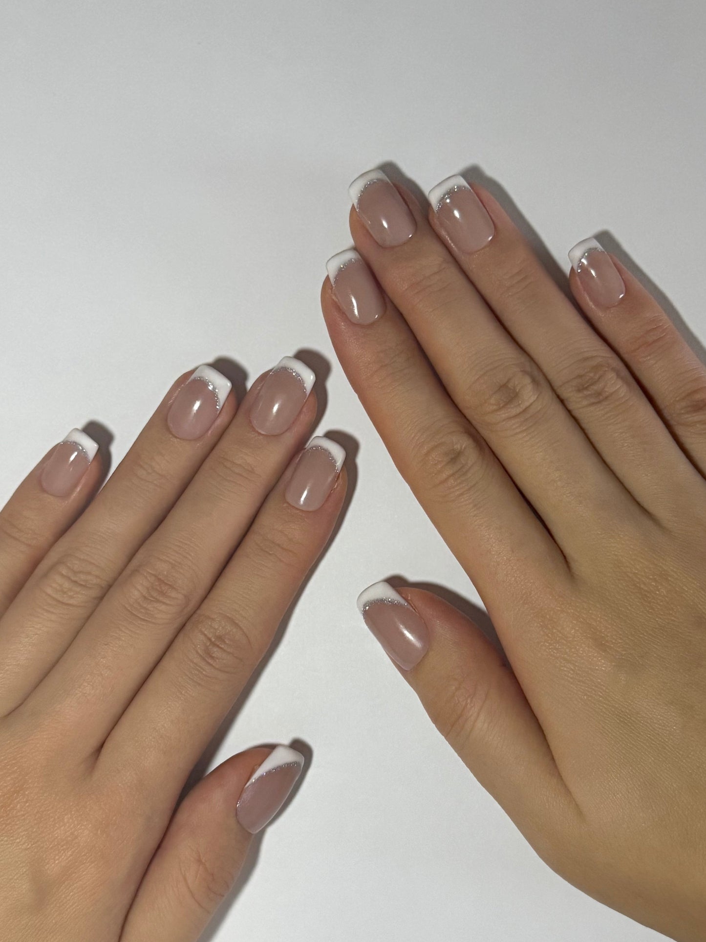 Square French Tip Press-on Nails with Glitter Brown Nude Base, Everyday Work Nails, Reusable Long-lasting | Secure The Nails