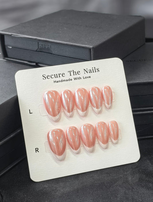Almond Nude Pink French Tip Pearlescent Chrome Powder Press-On Nails for Everyday | Reusable High Quality Press-Ons by Secure The Nails