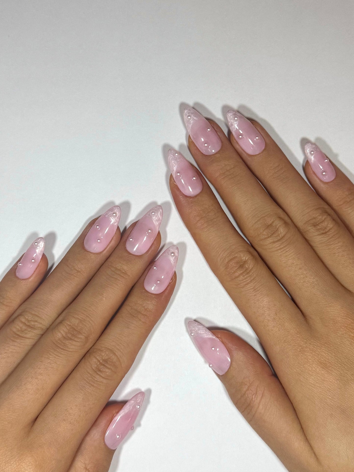 Girly Pink Birthday Almond French Tip Press-on Nails with Pearl Swirl Blending, Soft Girl Reusable Long-lasting | Secure The Nails