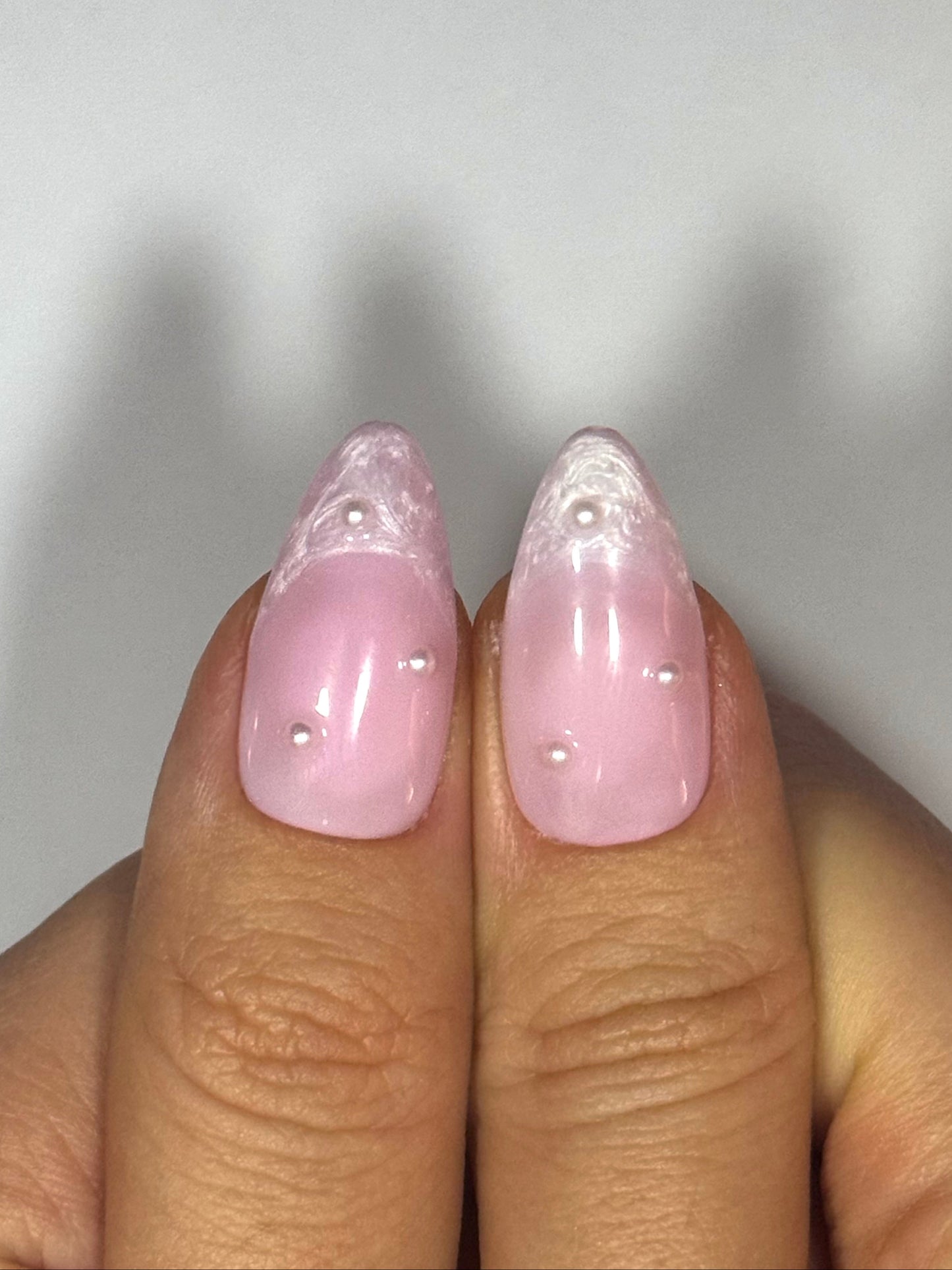 Girly Pink Soft Girl Birthday Almond French Tip Press-on Nails with Pearl Swirl Blending, Reusable Long-lasting | Secure The Nails