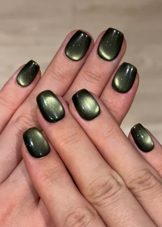 Short Square Glossy Glittery Dark Mossy Olive Green Cat-Eye Press-On Nails for Fall & Winter | Secure The Nails High Quality Reusable False Nails