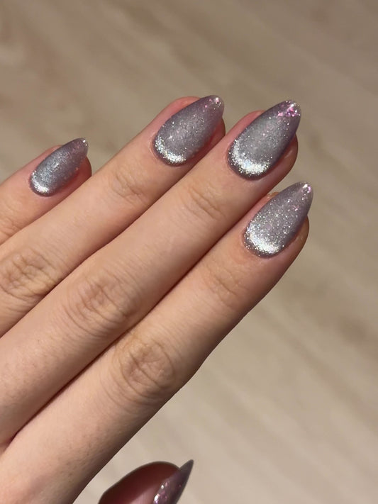 Unique Silver Pink Cat-Eye Handmade Press-On Nails in Short Almond with large Subtle glitter sparkles, Winter Holiday Everyday Press-Ons | Secure The Nails