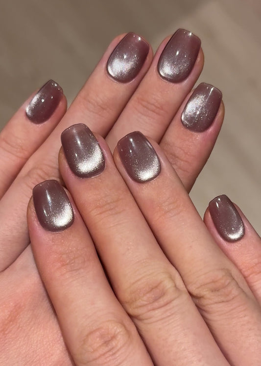 Short Squoval Soft Muted Grey Beige Pink Glossy Cat-Eye Press-On Nails for Fall & Everyday | Reusable High Quality False Nails by Secure The Nails