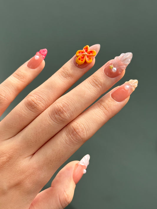 3D Gel Tropical Floral Beach Summer Design Press-On Nails with Pearls and Flowers, High Quality Reusable | Secure The Nails