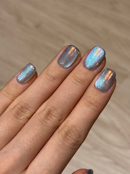 Short Square Blue Press-On Nails with Rose Gold Chrome Finish for Winter and Holiday, Soft Feminine Shimmers | Secure The Nails Handmade False Nails
