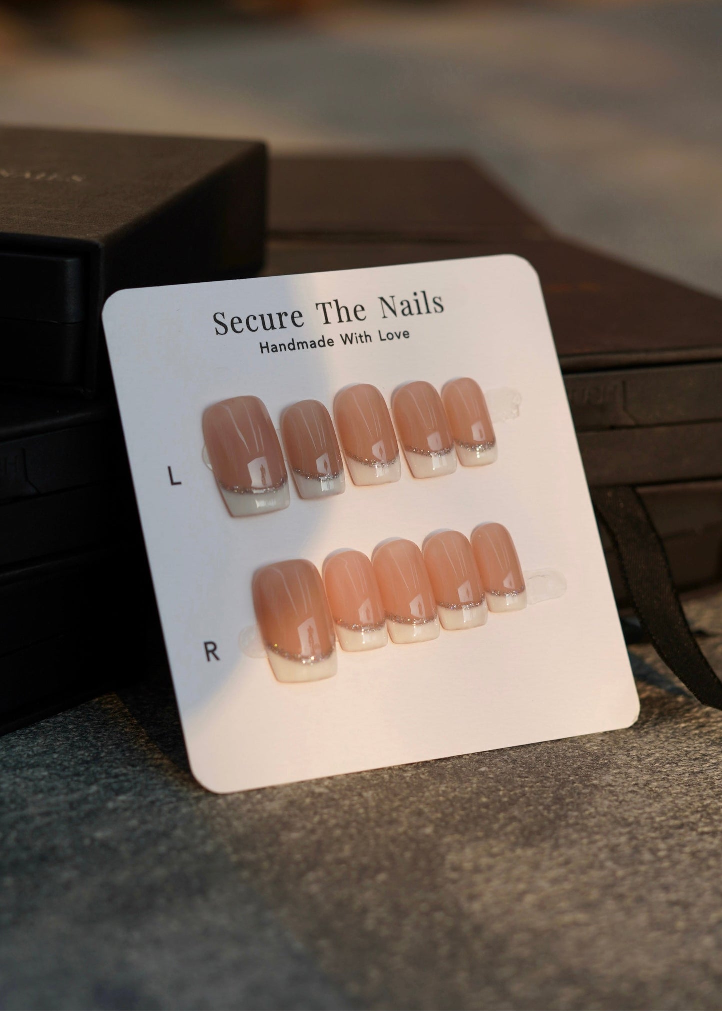 Square French Tip Press-on Nails with Glitter, Muted Nude Brown Nail Beds, Reusable Long-lasting | Secure The Nails